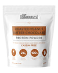 White pouch of roasted peanut butter chocolate protein powder with nutritional information and branding details.