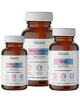 Three amber glass bottles with white caps labeled "Prenatal Iron Supplement," "Pre & Postnata +Choline Supplement," and "DHA