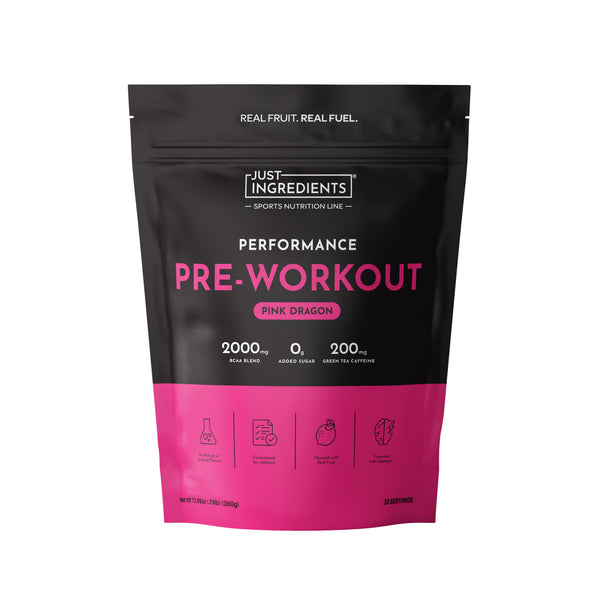 Black and pink pouch of Pink Dragon Performance Pre-Workout showing ingredient icons and label.