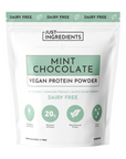 Mint chocolate vegan protein powder in a resealable bag, featuring nutritional information and claims about its benefits.