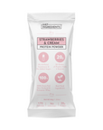 White packaging with pink accents featuring "Strawberries & Cream Protein Powder," highlighting protein content and ingredien