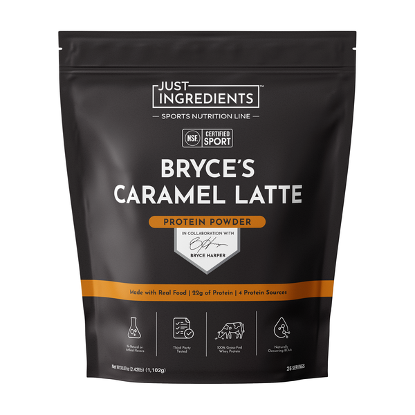Black pouch of Bryce's Caramel Latte Protein Powder with NSF Certified Sport label and orange accents, containing 25 servings