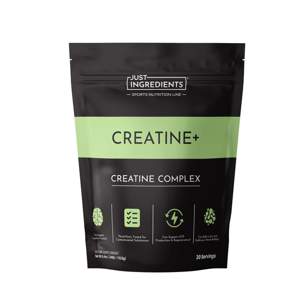 Black pouch of Creatine+ with green accents showing product name and serving information.