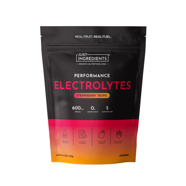 Black pouch with pink and orange gradient labeled “Performance Electrolytes — Strawberry Tropic,” showing ingredient icons.