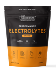 Black and orange pouch of Just Ingredients Performance Electrolytes in orange flavor with product details and icons on packag