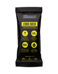 Black packaging of Lemon Swish protein powder stick with yellow text detailing nutritional information and ingredients.