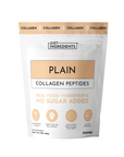 White pouch of Just Ingredients Plain Collagen Peptides powder with tan label and benefit icons.