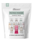 Sample pack containing 10 single-serving protein powder stick packs in various flavors.