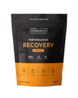 Black and orange pouch of Just Ingredients Performance Recovery drink in orange flavor with nutrition information and benefit