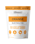 White resealable pouch with orange banner and label for Orange Electrolytes powder, 30 servings.