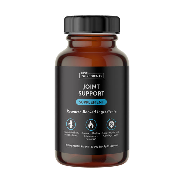 Brown glass bottle with black screw cap labeled "Joint Support Supplement" containing 60 capsules for 30-day supply.