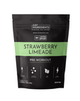 Black pouch labeled "Strawberry Limeade Pre-Workout" with NSF certification, containing 30 servings.