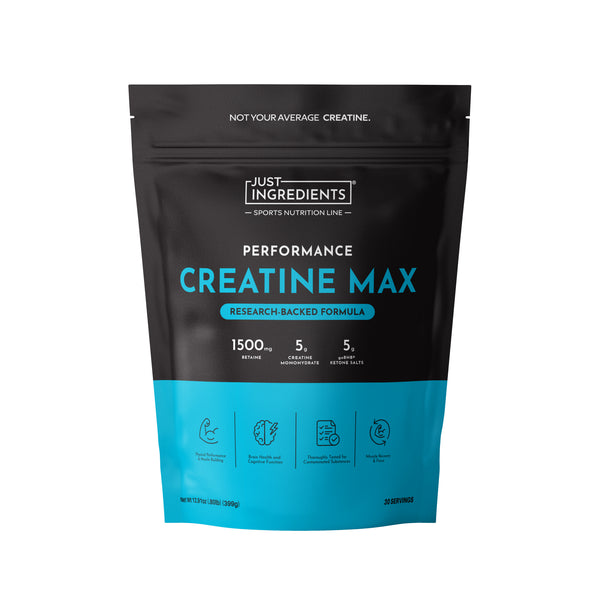 Black and turquoise resealable pouch of Creatine Max powder supplement with ingredient information and icons displayed on fro