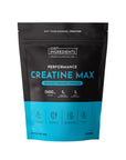 Black and turquoise resealable pouch of Creatine Max powder supplement with ingredient information and icons displayed on fro