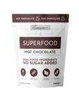Pouch of Superfood Hot Chocolate with a white background, featuring nutritional claims and serving information.