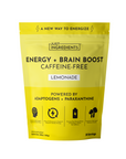 Yellow pouch labeled "Energy + Brain Boost Lemonade," caffeine-free, containing 30 servings, with various ingredient highligh