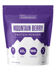 Purple packaging for Mountain Berry Protein Powder with nutritional information and branding details.