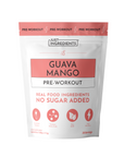 White pouch of Guava Mango Pre-Workout powder by Just Ingredients with coral-colored label and product details.