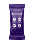 Purple packaging of Mountain Berry Protein Powder with nutritional information and ingredients listed.