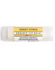 Lip balm tube with a yellow and white label, labeled "Sweet Citrus Organic Lip Balm SPF 14."