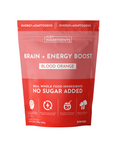 Red packaging for a dietary supplement labeled "Brain + Energy Boost Blood Orange," featuring ingredient highlights and servi