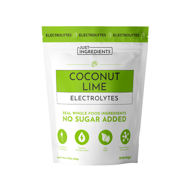White pouch of Coconut Lime Electrolytes with green accents, listing ingredients and serving information.