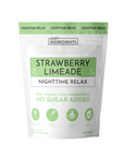 White pouch with green header and label showing "Strawberry Limeade Nighttime Relax" with icons for no artificial sweeteners,