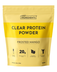 Yellow pouch of Just Ingredients Clear Protein Powder in Frosted Mango flavor with product details and icons displayed on the