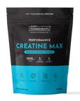 Black and blue pouch of Just Ingredients Performance Creatine Max powder with ingredient amounts and benefit icons displayed.