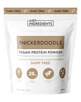 White pouch of Snickerdoodle vegan protein powder with gold accents, featuring 20g of protein per serving.