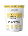 White pouch labeled "Tropical Paradise Pre-Workout" with yellow accents, listing ingredients and serving information.