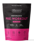 Black and pink pouch of Just Ingredients Performance Pre-Workout in Pink Dragon flavor with ingredient details and serving in