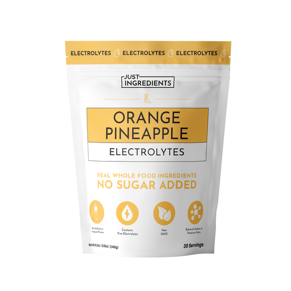 Resealable pouch containing orange pineapple electrolyte powder, labeled with nutritional information and serving details.