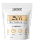 White pouch of French Vanilla protein powder with nutritional information and branding details.