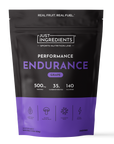 Black and purple pouch of Just Ingredients Performance Endurance Grape sports drink powder with nutrition facts and icons.