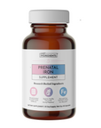 Amber glass bottle of Just Ingredients Prenatal Iron Supplement with white label and white screw cap, containing 30 capsules.