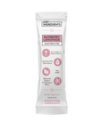 Electrolyte stick package featuring raspberry lemonade flavor, listing key benefits and ingredients.
