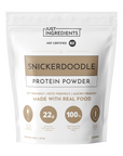 White pouch of Just Ingredients Snickerdoodle Protein Powder with tan label, NSF certified, showing 22g protein and 30 servin