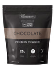 Brown resealable pouch of chocolate protein powder with nutritional information and certification labels.