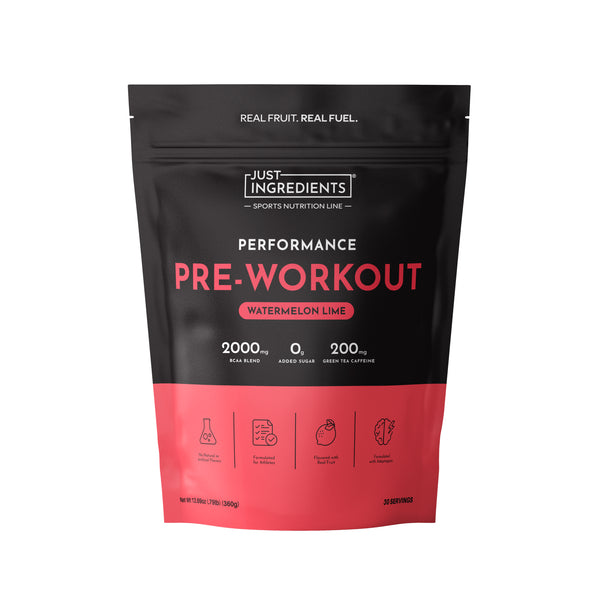 Black and coral resealable pouch for Watermelon Lime Performance Pre-Workout with ingredient details and icons.