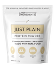White pouch of Just Plain Protein Powder by Just Ingredients with product information and nutritional badges displayed.