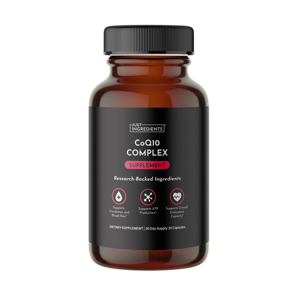 Dark amber supplement bottle of CoQ10 Complex softgels with black screw cap on white background.