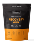 Black and orange pouch of Just Ingredients Performance Recovery drink in orange flavor with nutrition information and benefit