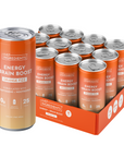 Twelve orange aluminum cans with silver pull-tabs in an orange cardboard box, labeled "Energy + Brain Boost Orange Fizz."