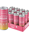 Twelve pink and yellow gradient cans of Raspberry Rush energy drink with silver tops in a pink cardboard display box.