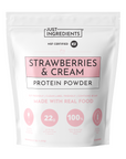 White pouch labeled "Just Ingredients Strawberries & Cream Protein Powder" with pink accent panels and NSF certification badg