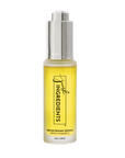 Bright yellow face serum in a clear glass bottle with a silver pump labeled "Brightening Serum with Vitamin C."