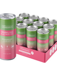Twelve aluminum cans of Strawberry Limeade Sparkling Electrolytes in green and pink packaging arranged in a pink cardboard bo