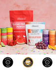 Just Ingredients sparkling electrolyte beverages and powder packets in various flavors including watermelon, berry, and citru