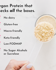 A hand holds a clear scoop of beige protein powder above a glass with a smoothie. Text lists product features.